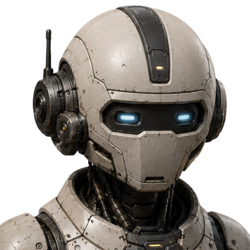 Ori8 as a compact off-white and graphite droid with calm blue optics and an asymmetric communications module.